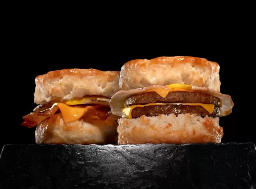 Two Hardee's breakfast biscuits on a black backdrop