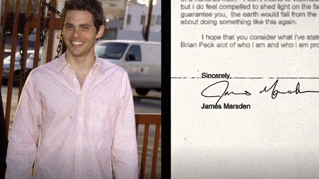 Photo of James Marsden alongside his letter of support, as shown in Quiet on Set