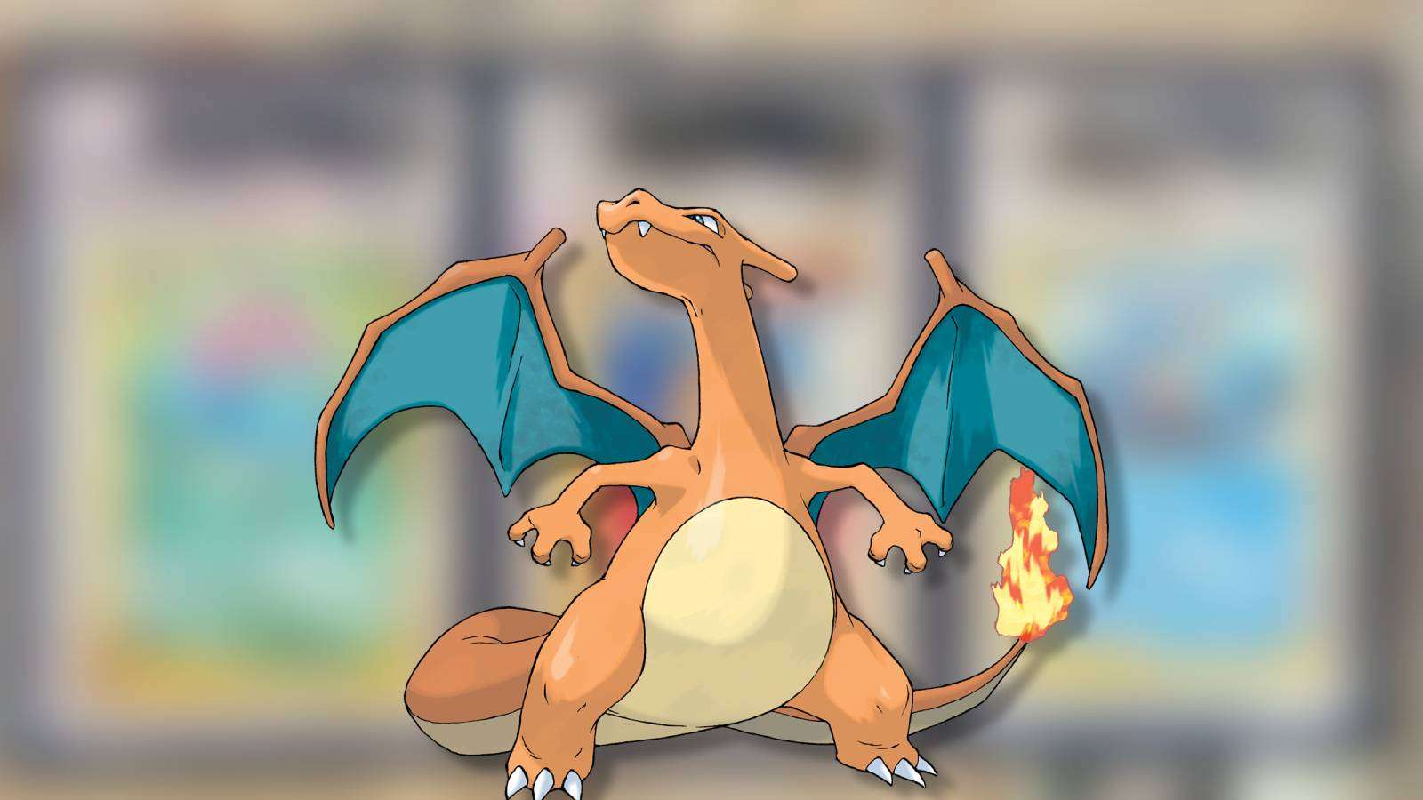 The Pokemon Charizard appears against a blurred background