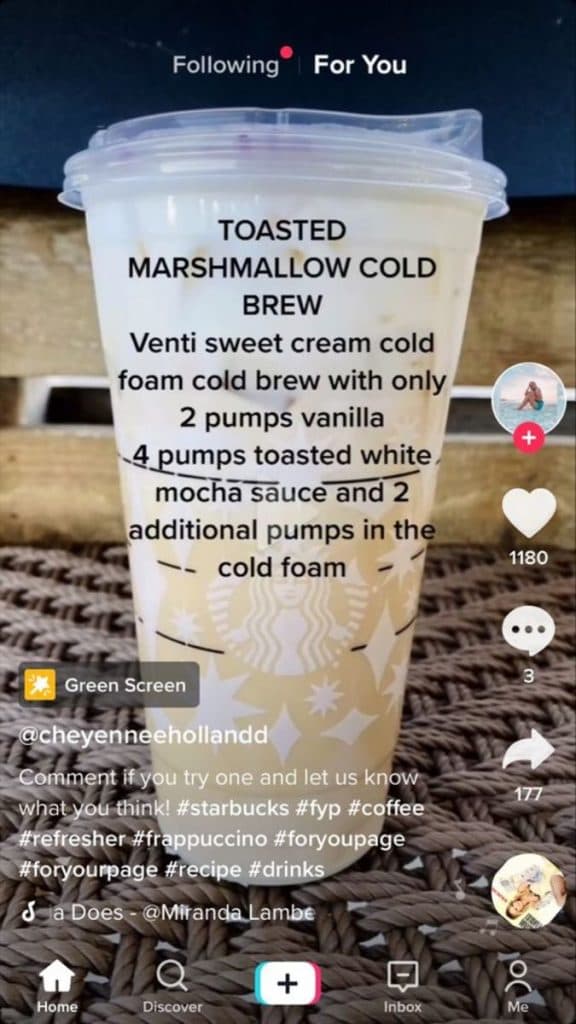 A screenshot of a TikTok with a recipe for a Starbucks secret drink