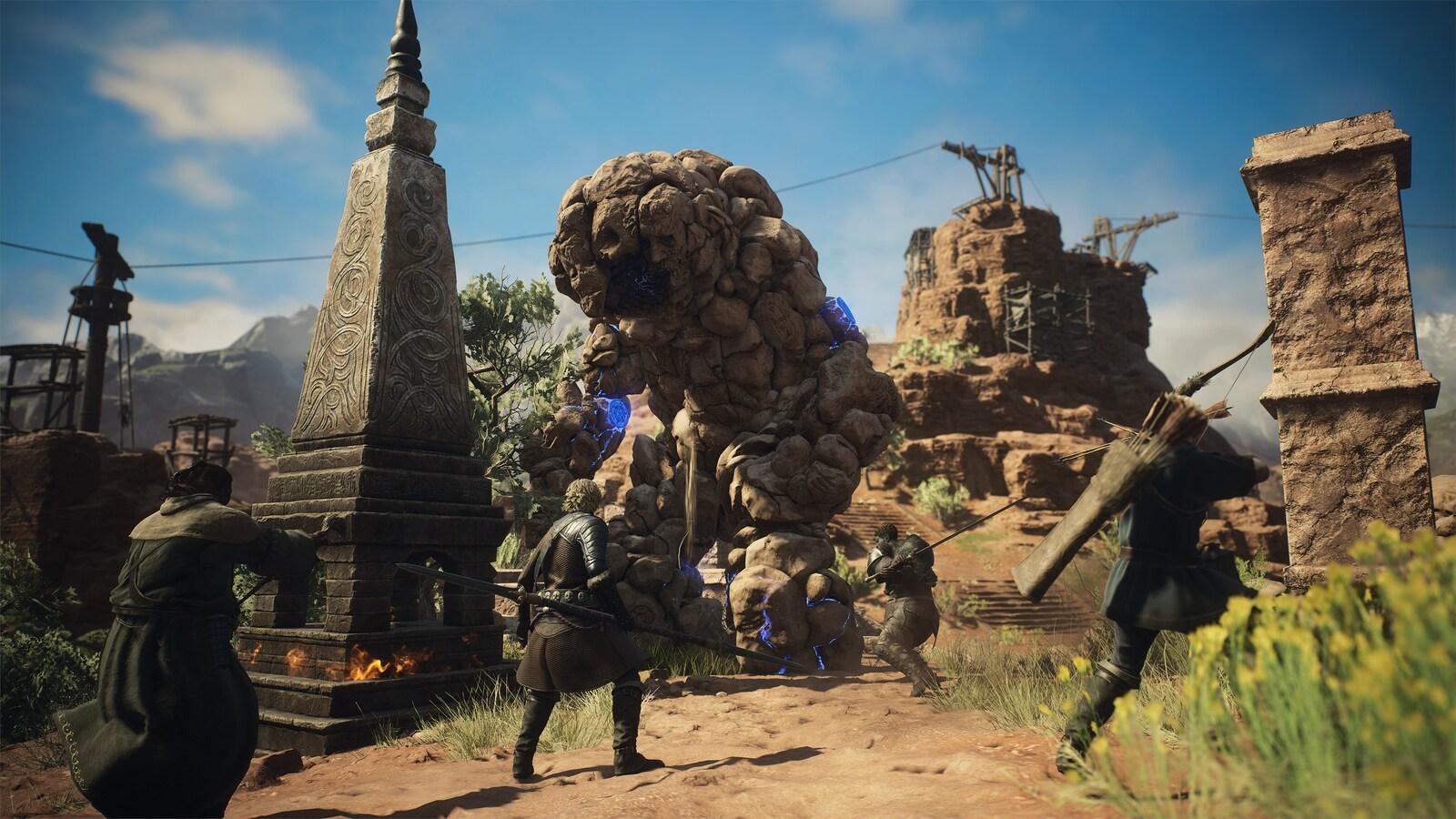 A group fights a Golem in Dragon's Dogma 2