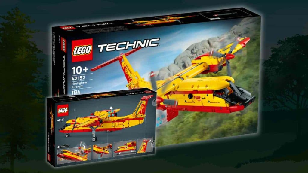 The LEGO Technic Firefighter Aircraft on a forest background