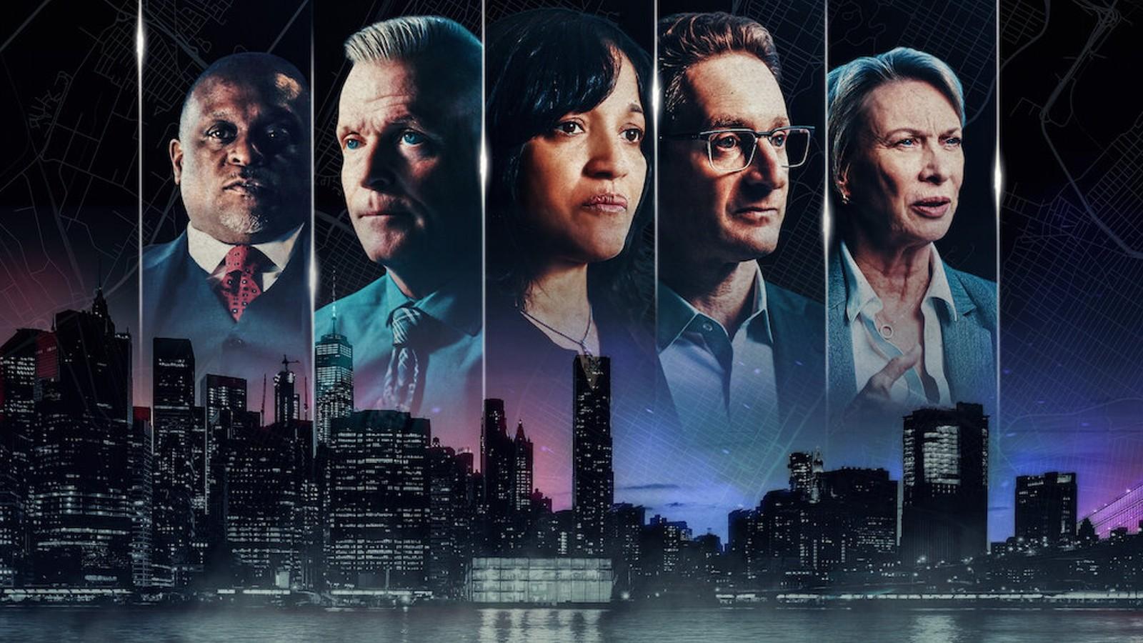 The detectives and prosecutors of Homicide: New York, above the NY skyline.