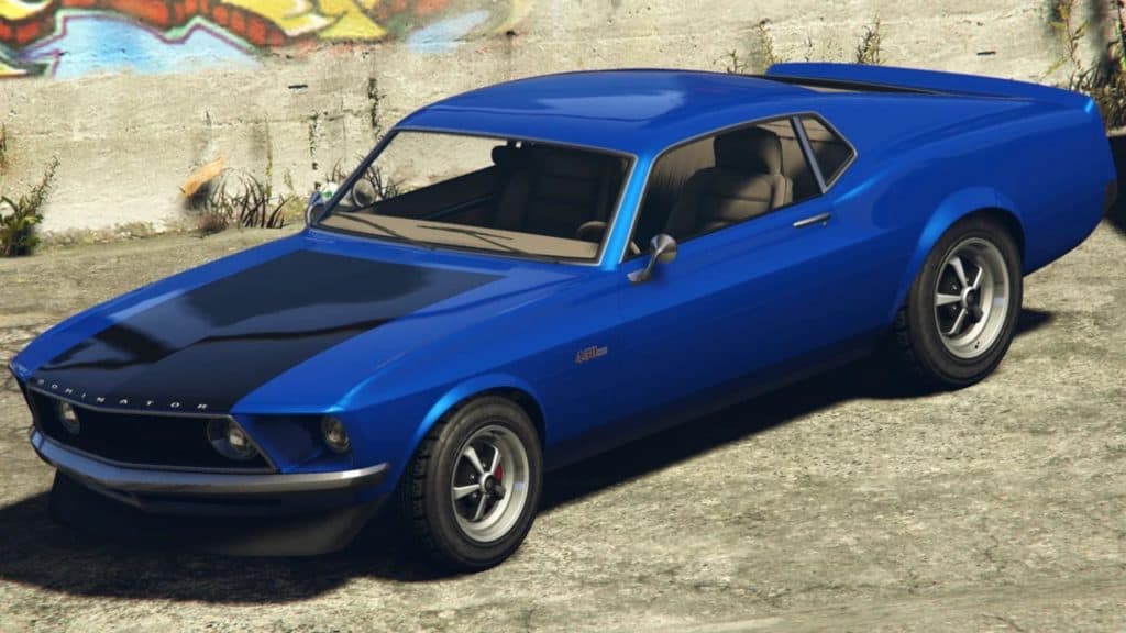 Blue Vapid Dominator GTT parked on side of road in GTA Online