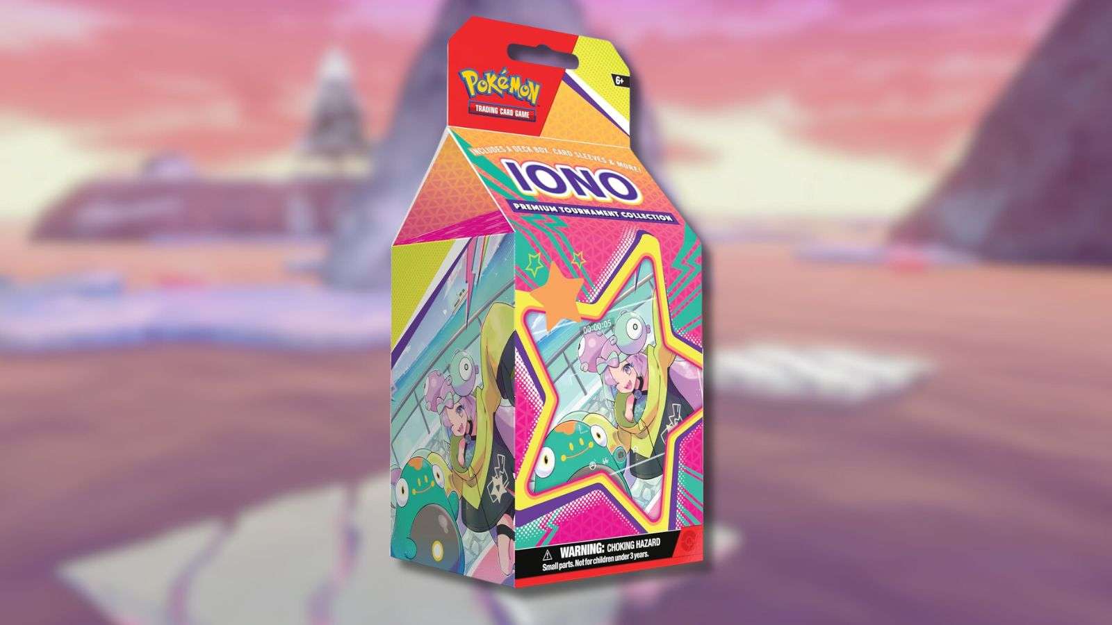 Iono PTC Pokemon card product photo with beach background.