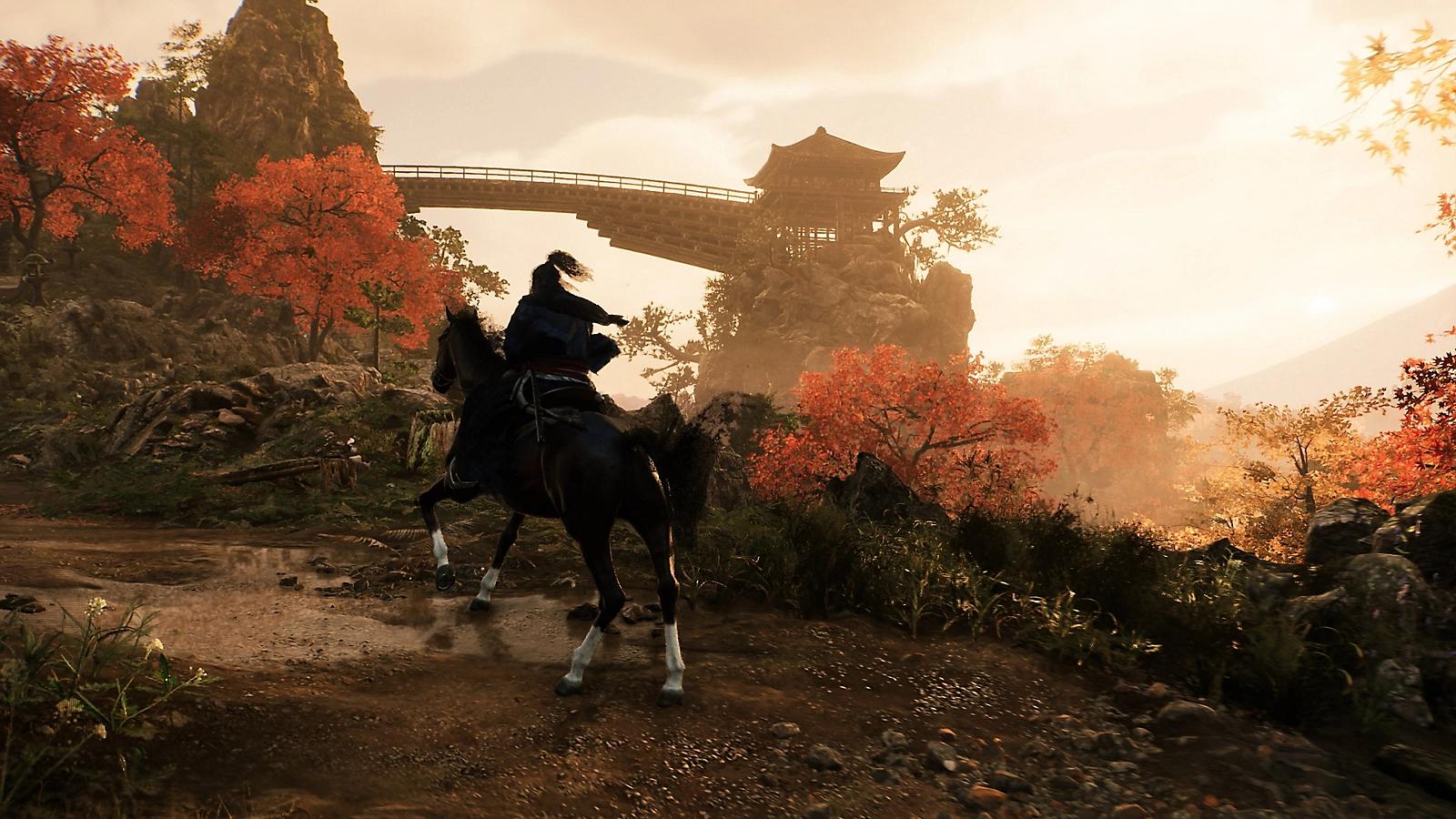 an image of a character riding a horse in Rise of the Ronin