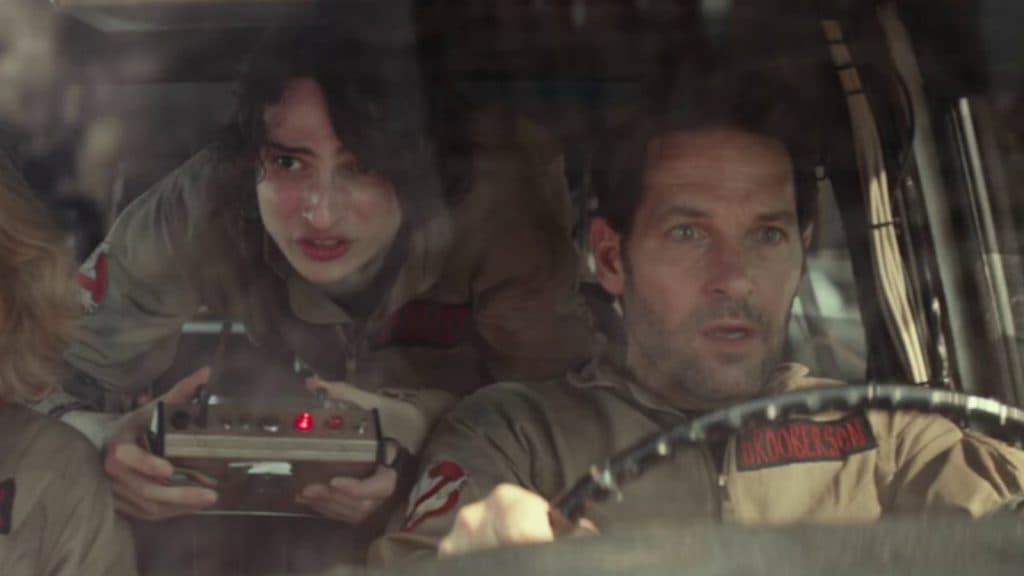Paul Rudd as Gary driving the Ecto-1 in Ghostbusters: Frozen Empire