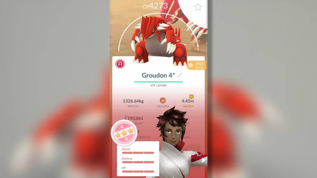 A screenshot from the Pokemon Go menu shows a Groudon with perfect IVs