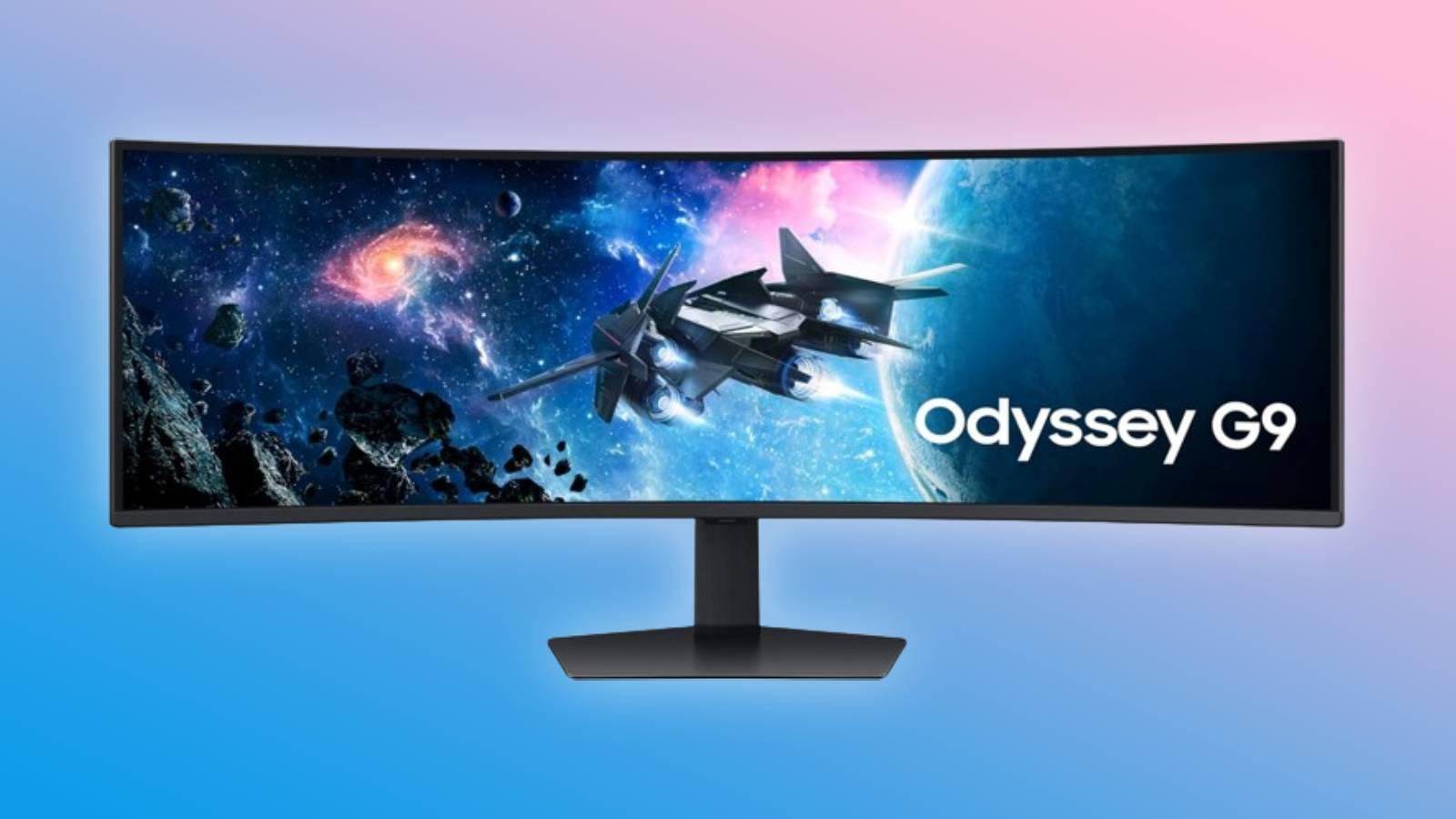 Image of the Samsung Odyssesy G9 curved gaming monitor on a pink and blue background.