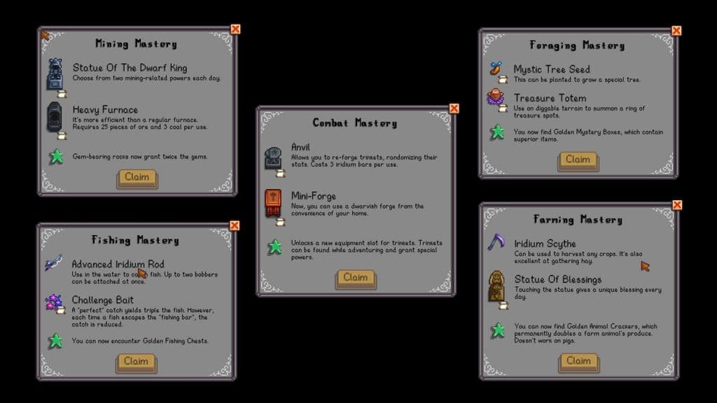 The rewards and perks available for each skill in Stardew Valley's Mastery System