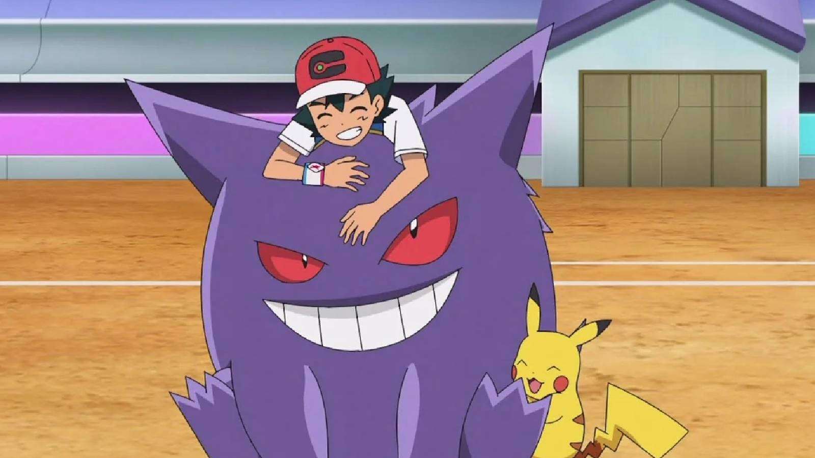Ash and Pikachu cuddle a Gengar