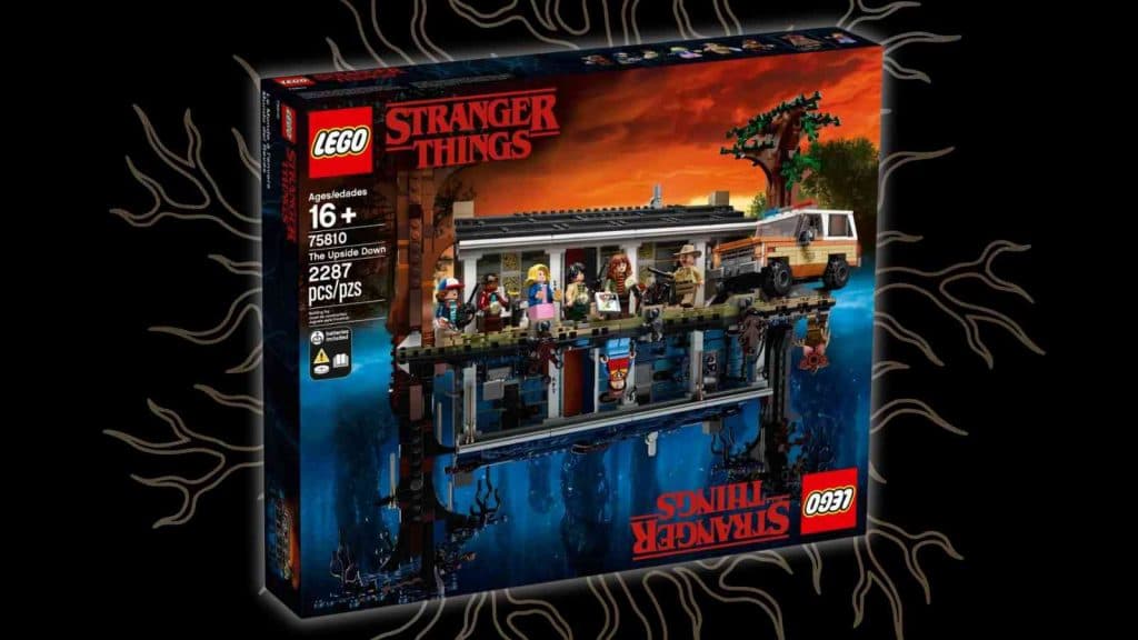 The LEGO Stranger Things The Upside Down on a black background with graphic