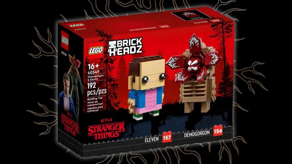 The LEGO BrickHeadz Demogorgon & Eleven set on a black background with graphic
