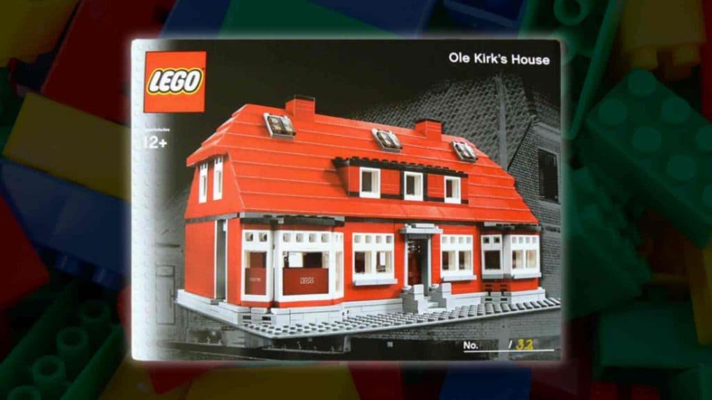 The LEGO Ole Kirk’s House, displayed here on a LEGO background, is the rarest LEGO set.