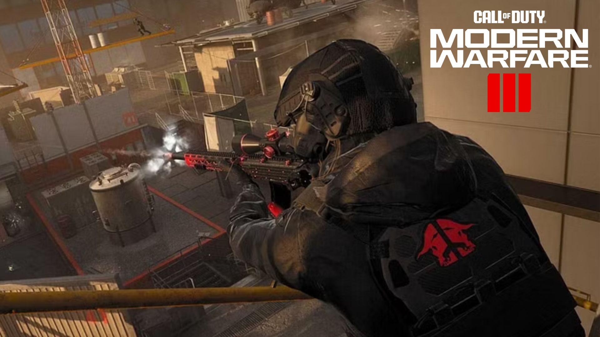 Modern Warfare 3 player in red shooting Bas-B on Highrise map