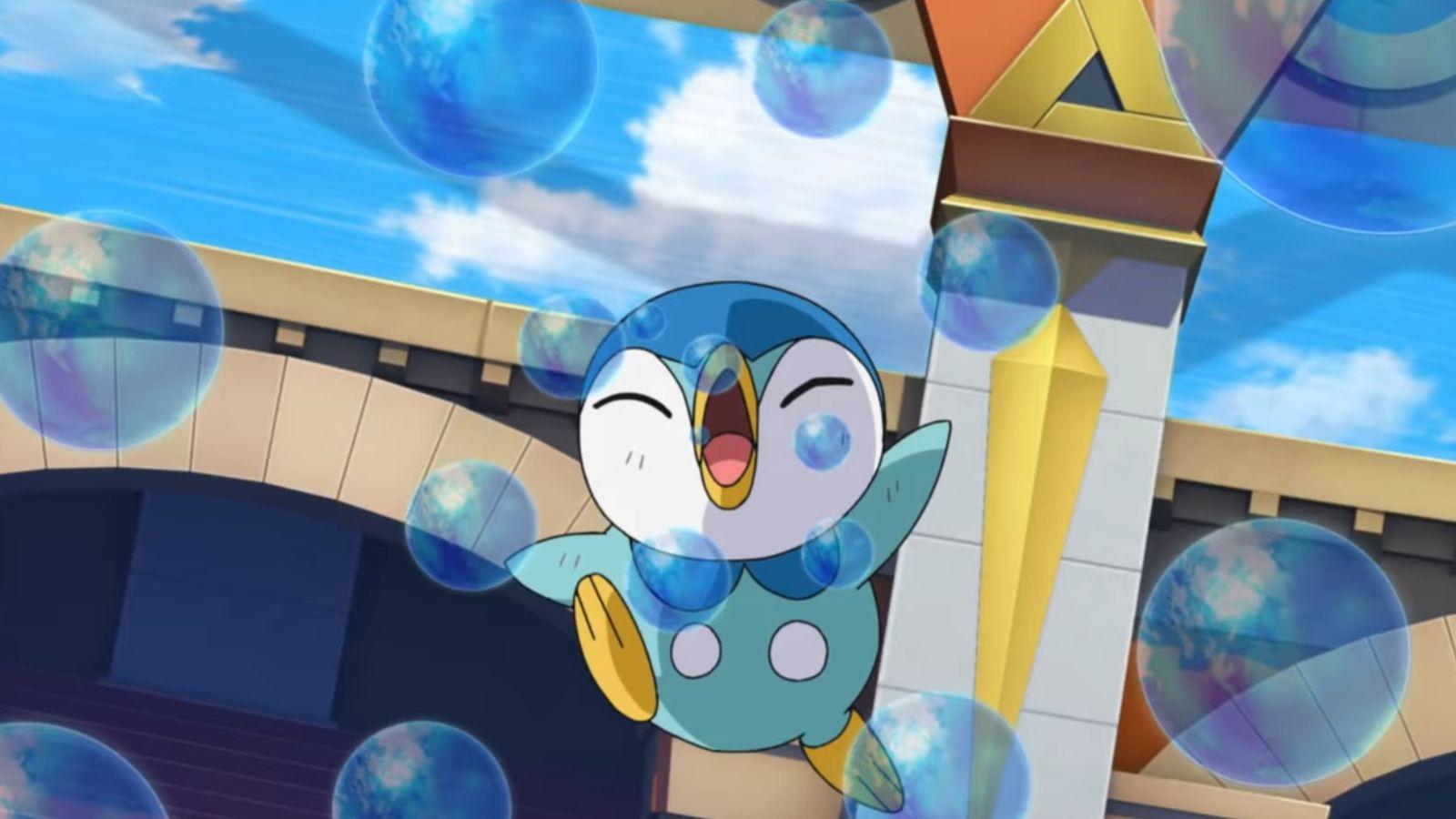 Piplup Bubble Beam from Pokemon anime.