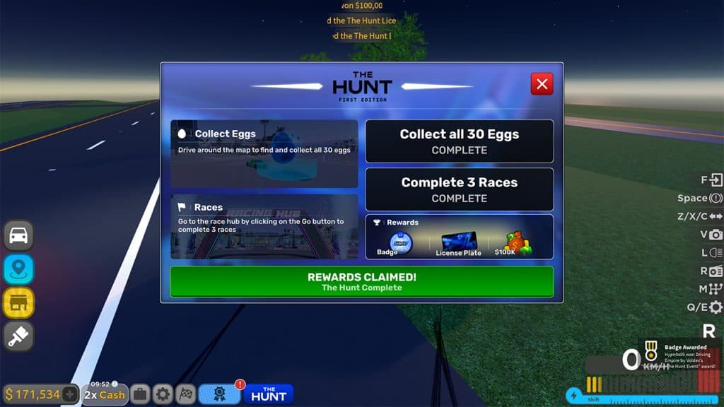 All the rewards for earning Driving Empire badge in Roblox The Hunt event