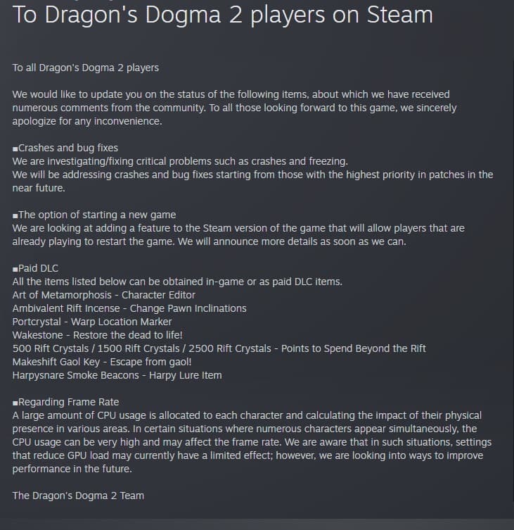 an image of Capcom's apology post related to Dragon's Dpgma 2 on Steam