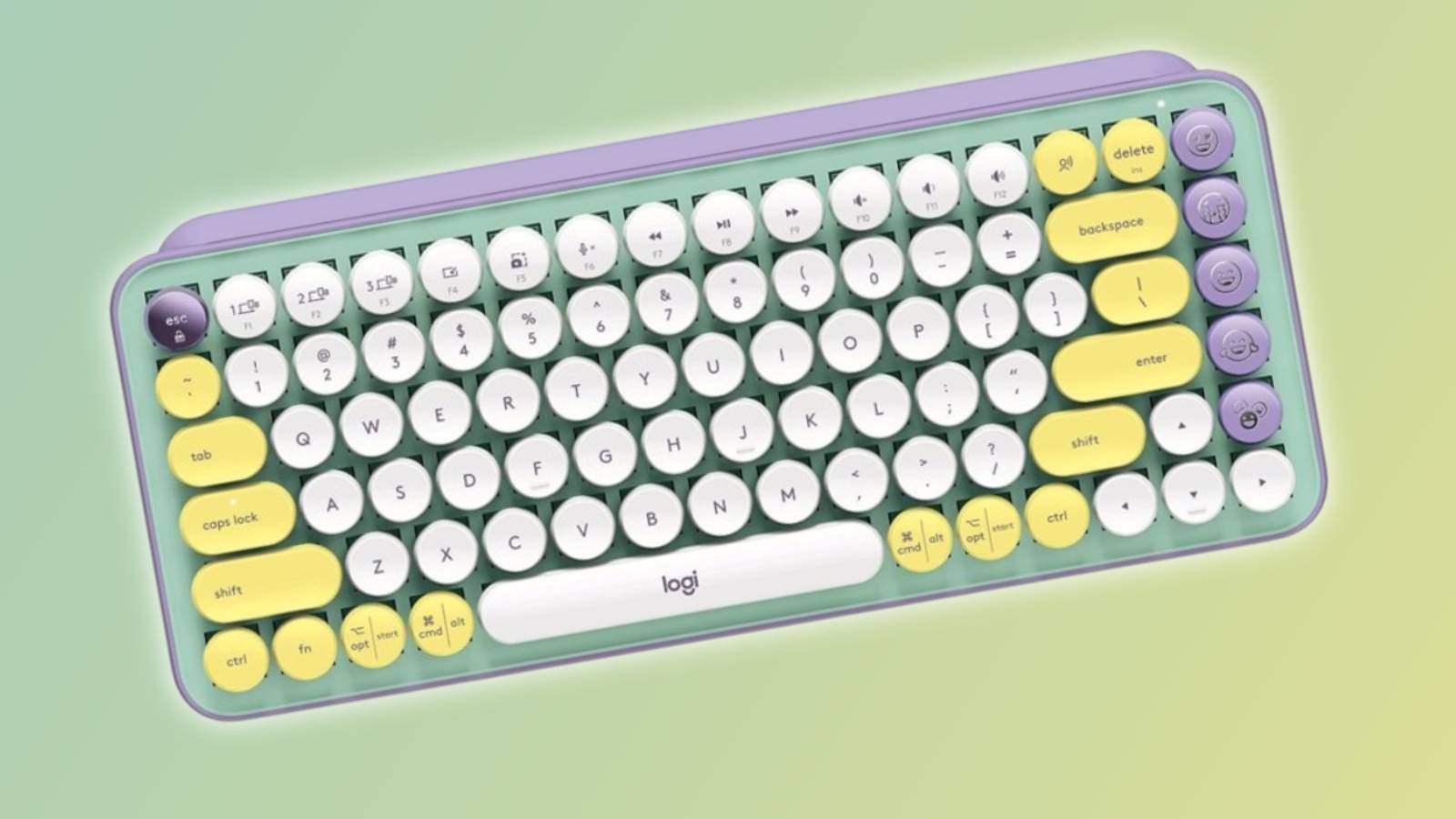 Image of the Daydream Mint Logitech POP Keys keyboard on a green and yellow background.