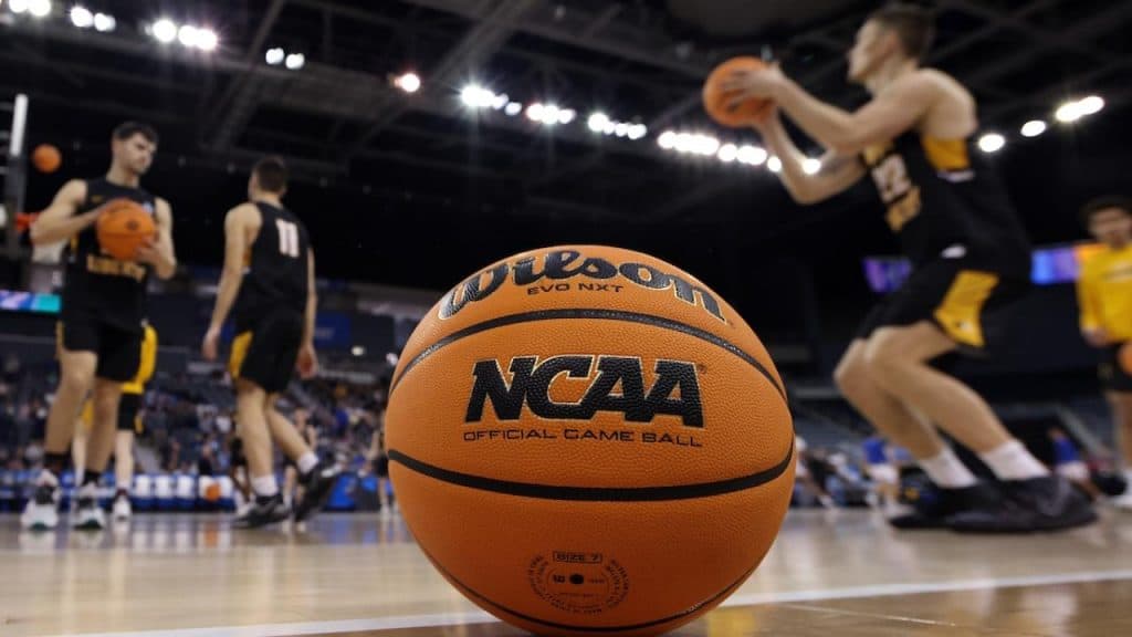 A basketball with the NCAA logo on it