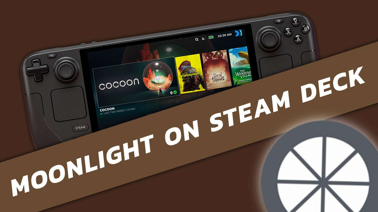 Image of a Steam Deck, with a banner across it, and the Moonlight logo in the bottom right corner.
