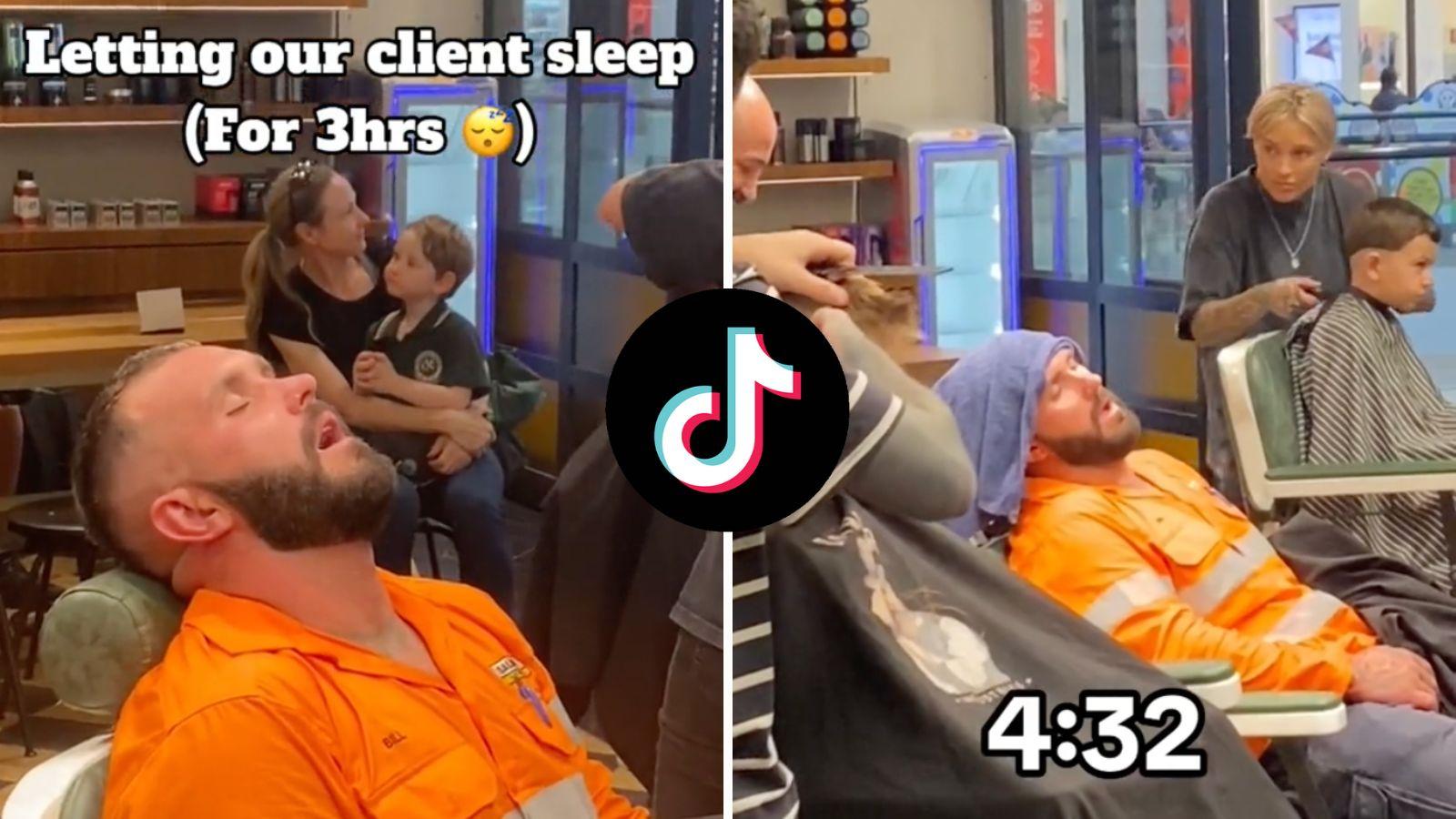 Barber cuts sleeping construction worker's hair as he naps in chair for 3 hours