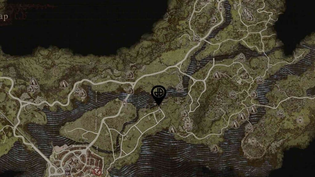 The Dragon's Dogma 2 map showing the location of the Seeker's Token on the Riverbank Northeast of Vernworth