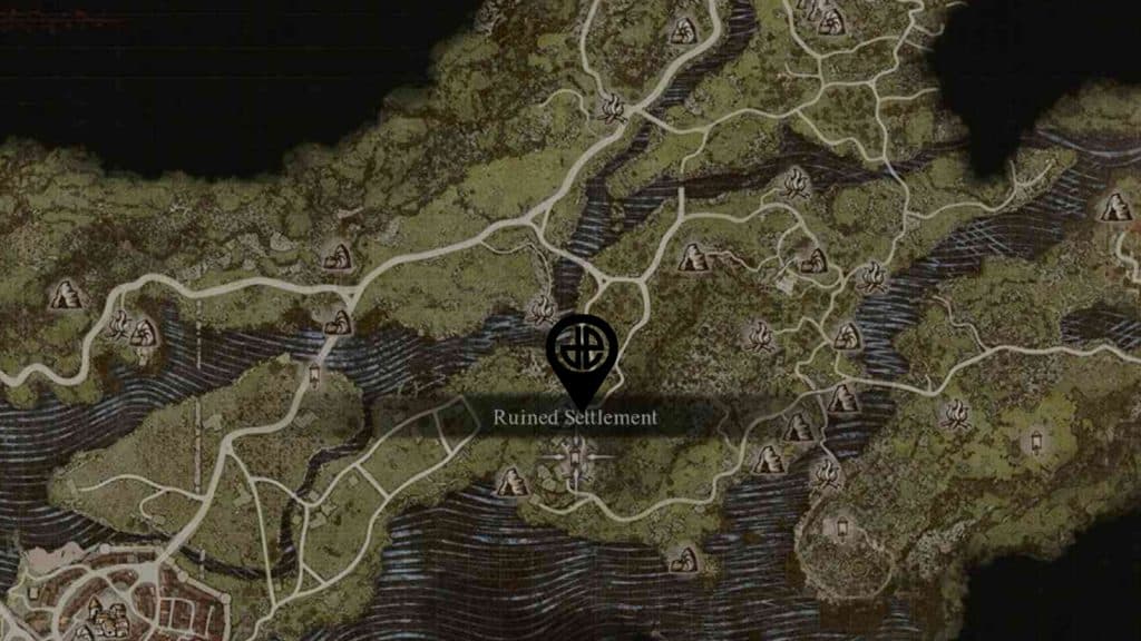 The Dragon's Dogma 2 map showing the location of the Ruined Settlement, Northeast of Vernworth