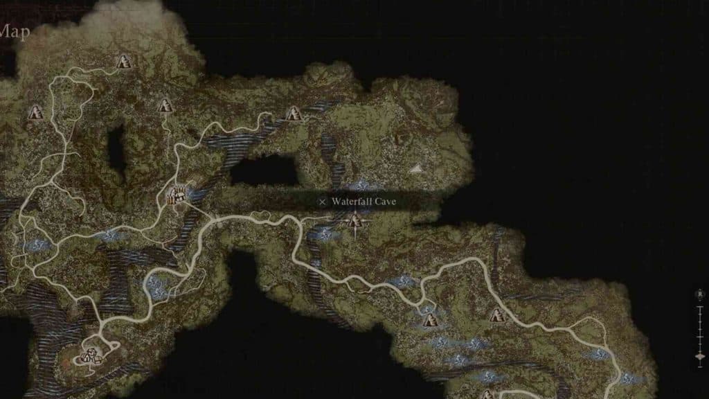 The Dragon's Dogma 2 map showing the location of the Waterfall Cave, Northeast of Melve