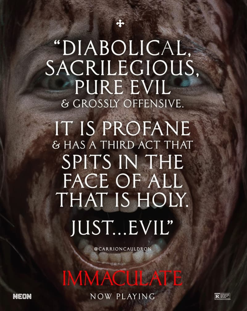 Immaculate poster, with Sydney Sweeney's face covered by a quote