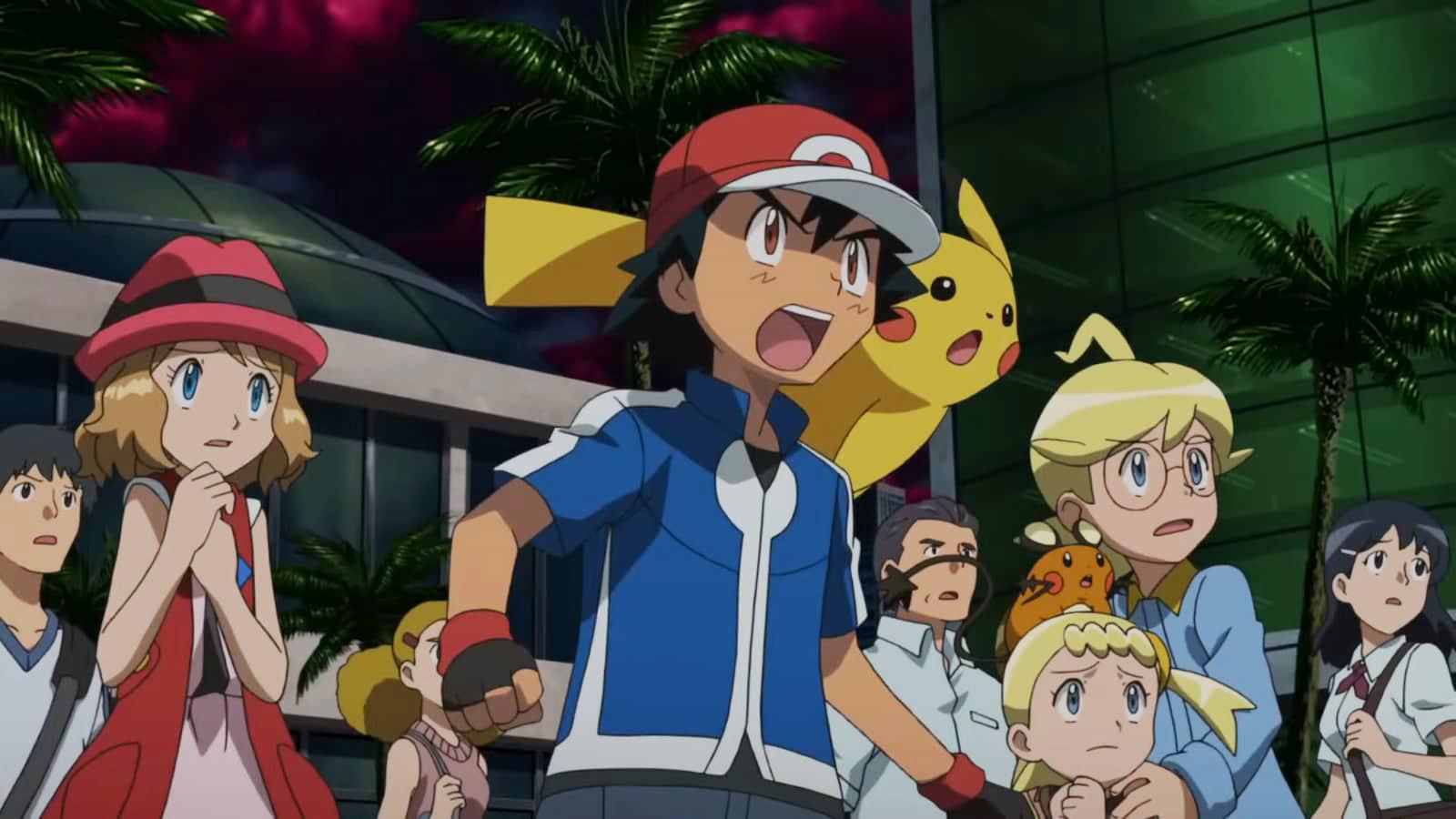 Ash, Pikachu, and Serena shocked at the sight of Hoopa in the Pokemon X&Y Movie