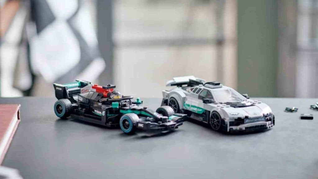 The LEGO Speed Champions Mercedes-AMG F1 W12 E Performance & Mercedes-AMG Project One on display