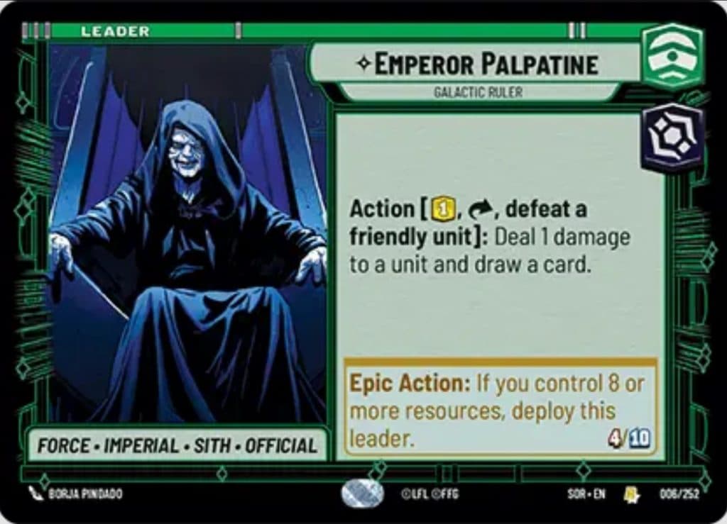 Emperor Palpatine Leader card in Star Wars Unlimited
