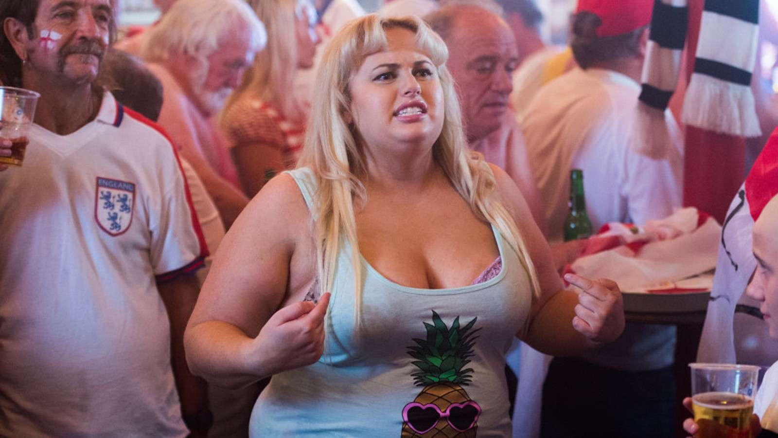 Rebel Wilson watching a football match in a bar in Grimsby.