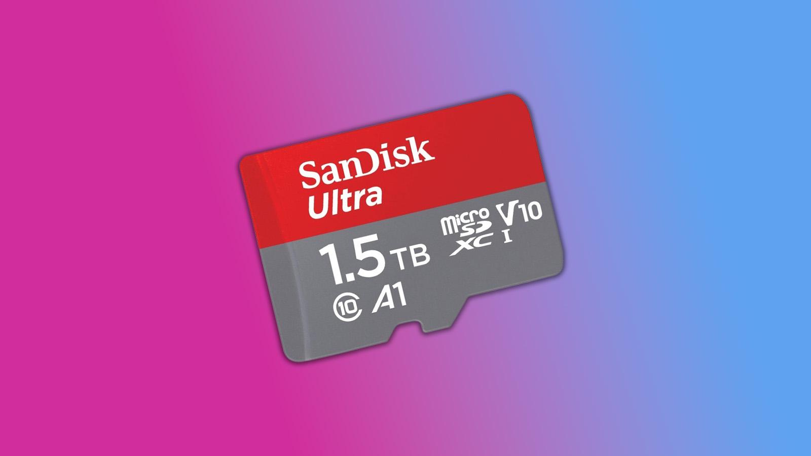 SanDisk 1.5TB MicroSD card pictured on top of a purple and blue gradient