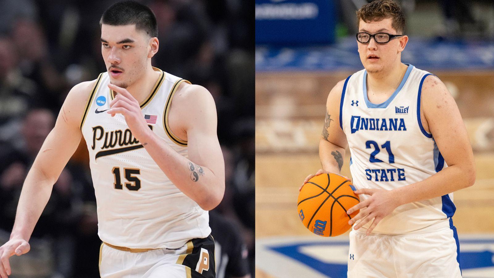 Zach Edey as a member of the Purdue Boilermakers (left) and Robbie Avila as a member of the Indiana State Sycamores (right).