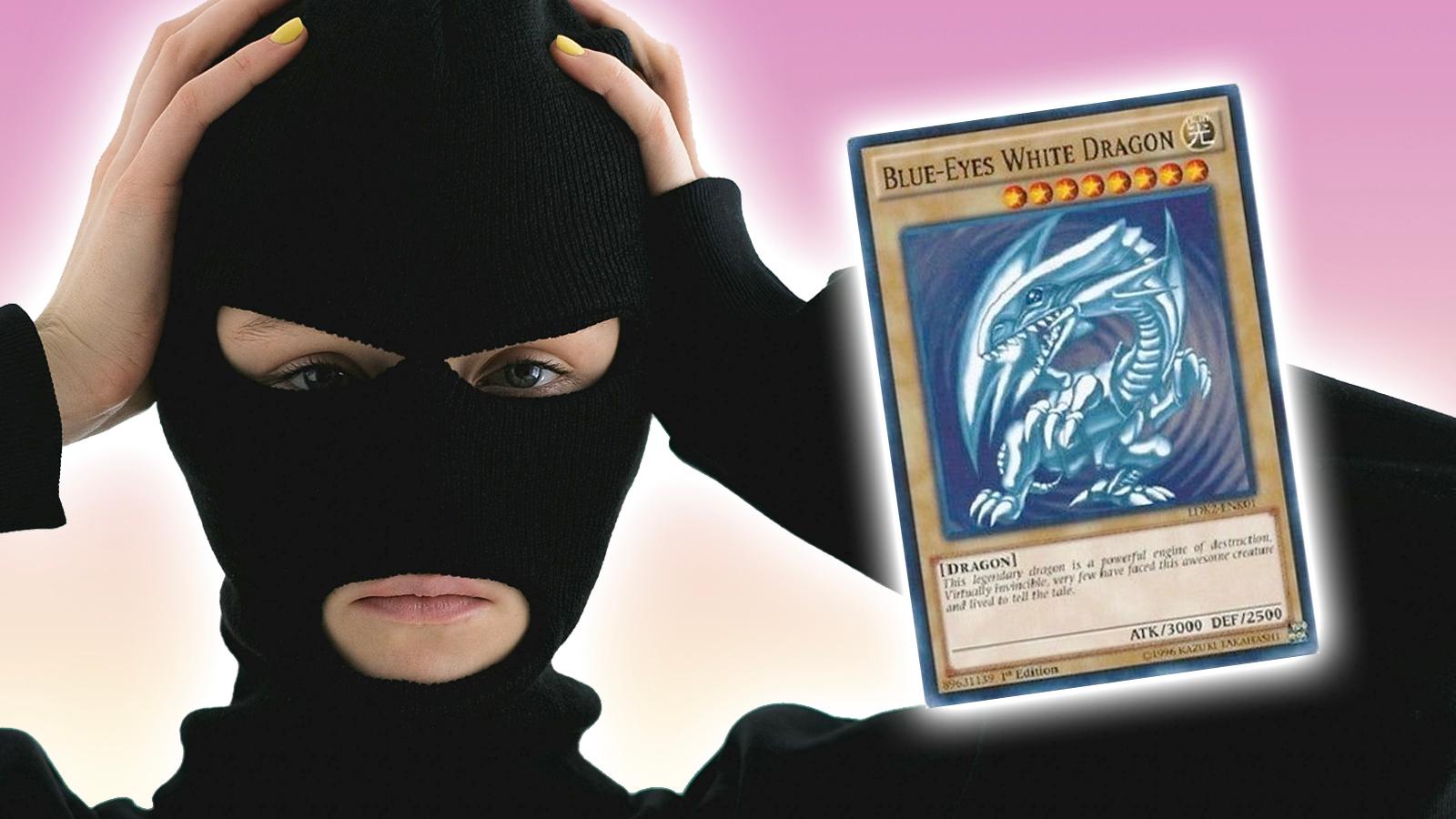 robber/thief next to blue eyes white dragon yu-gi-oh card