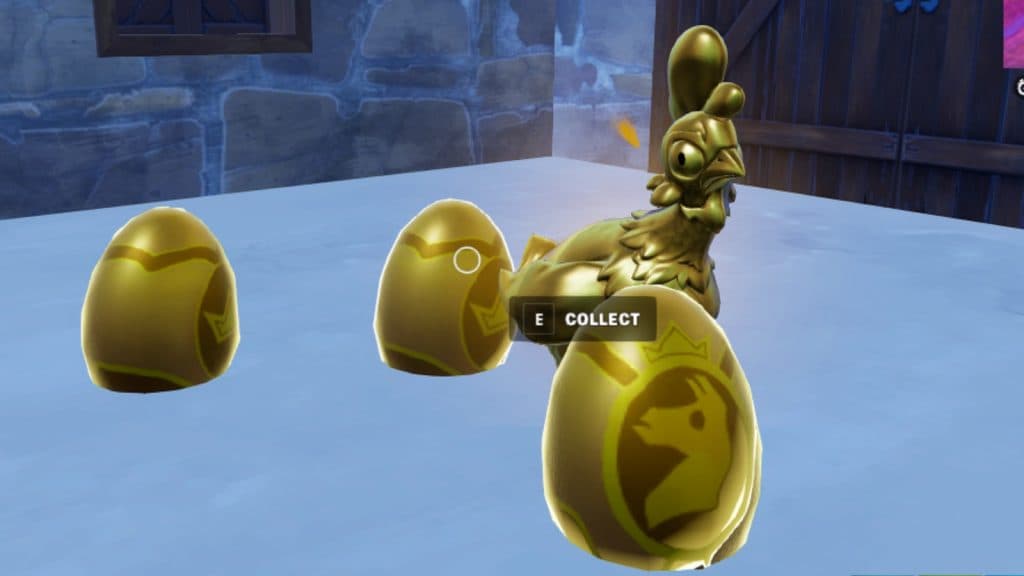 A screenshot featuring the golden chicken with eggs in Fortnite.