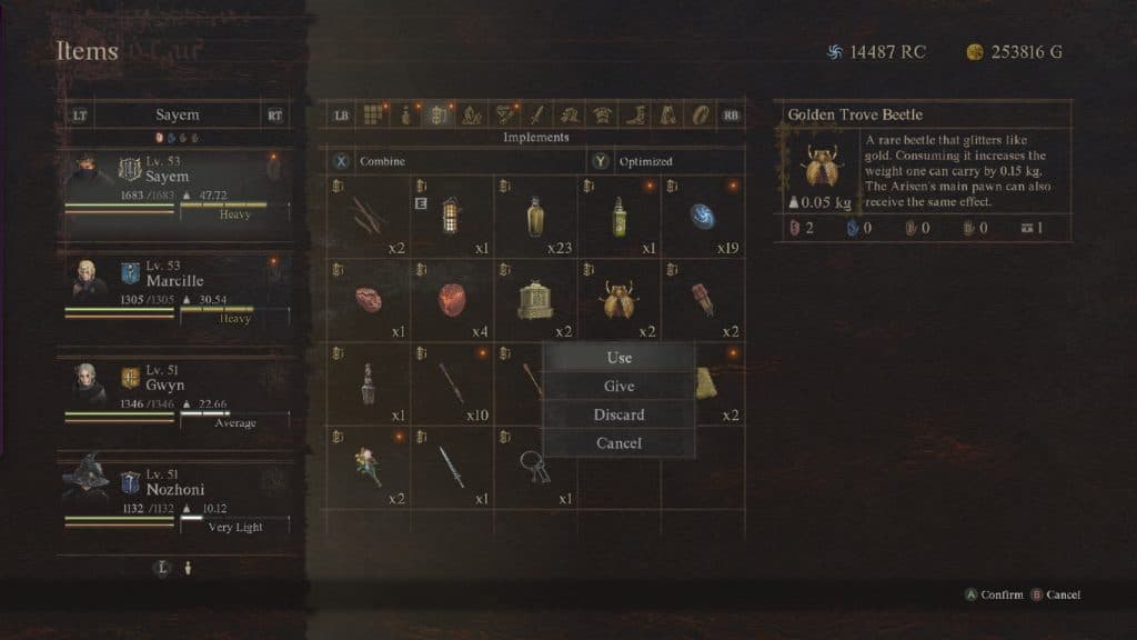 An image of Golden Trove Beetles in Dragon's Dogma 2 inventory.