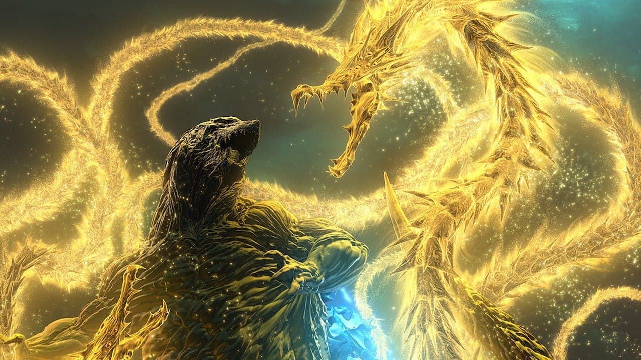 Godzilla in Godzilla: The Planet Eater stands next to a golden, glowing titan in the shape of a dragon.