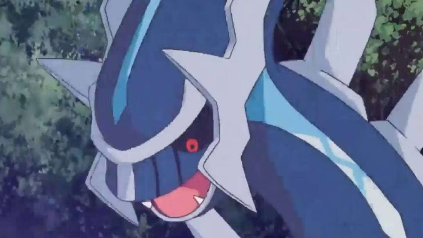 The Pokemon Dialga appears in a close up shot, looking bemused