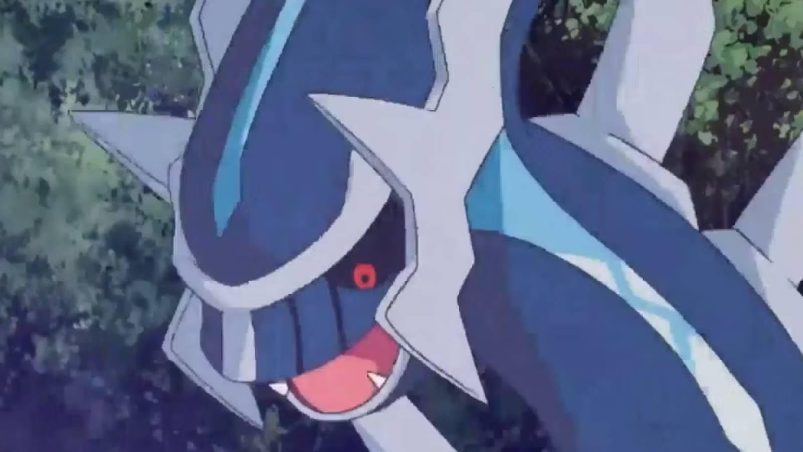The Pokemon Dialga appears in a close up shot, looking bemused