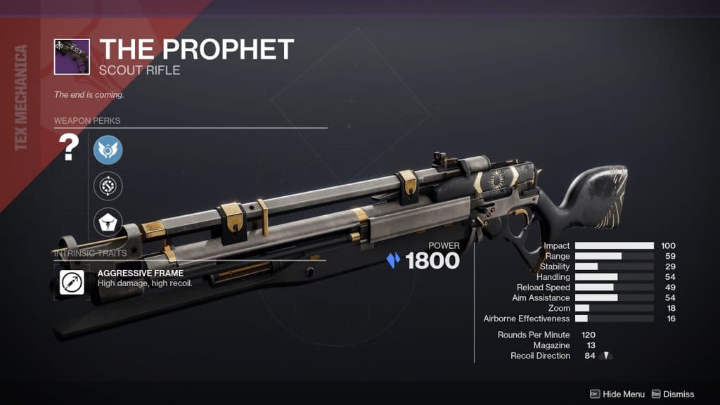 Summary of The Prophet scout rifle's stats in Destiny 2.