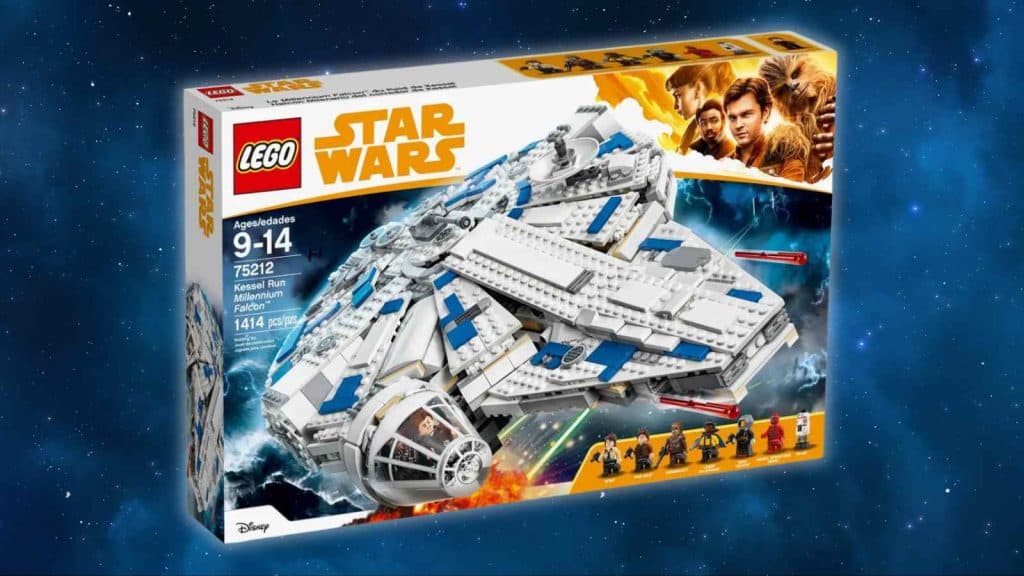 The LEGO-reimagined Kessel Run Millennium Falcon on a galaxy background