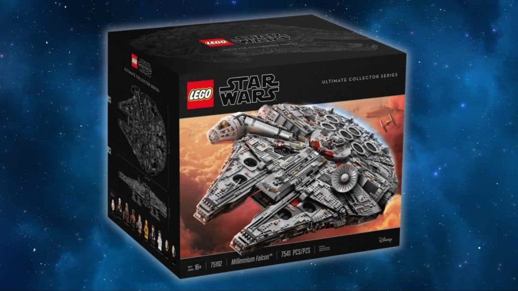 The LEGO Star Wars Ultimate Collector Series Millennium Falcon on a galaxy background
