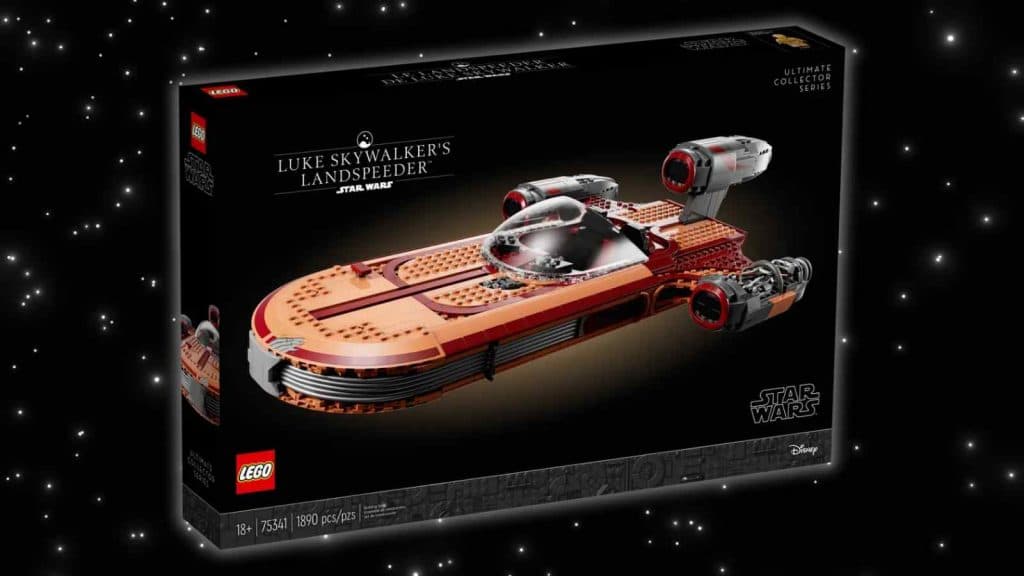 The LEGO Star Wars Landspeeder on a galaxy background