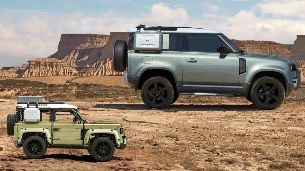 The LEGO Technic Land Rover Defender with the real-life new Defender