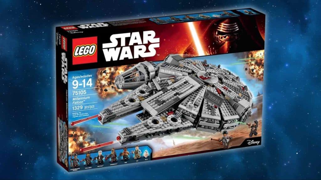 The LEGO-reimagined Millennium Falcon on a galaxy background