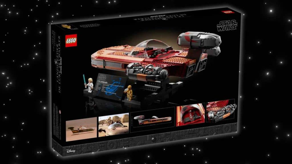 The LEGO Star Wars Landspeeder on a galaxy background