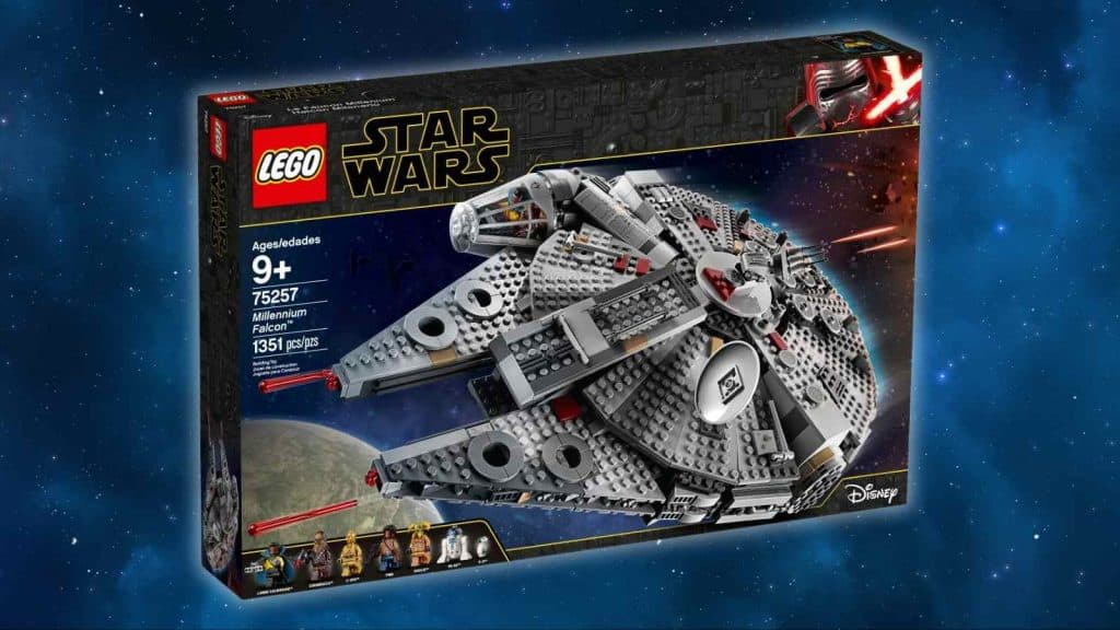 The LEGO-reimagined Millennium Falcon on a galaxy background